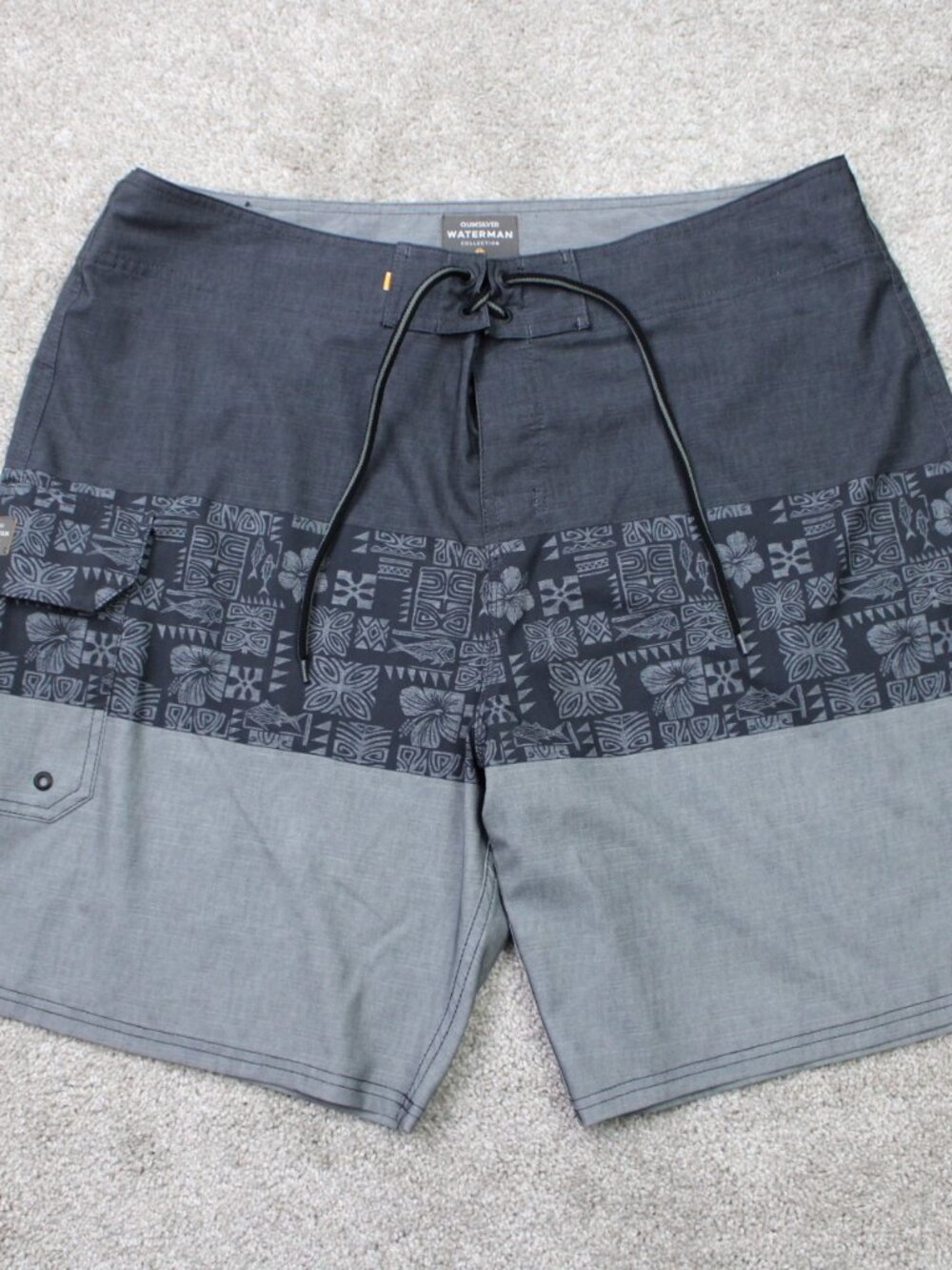 Quiksilver Waterman Board Shorts Mens 38 Gray Tribal 4 Way Stretch Swim Athletic